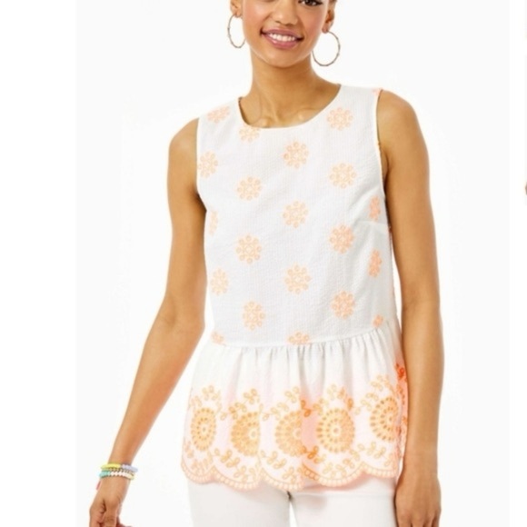 LILLY PULITZER Lilliana Embroidered Seersucker Peplum Top White Cantaloupe (12) - Picture 2 of 8